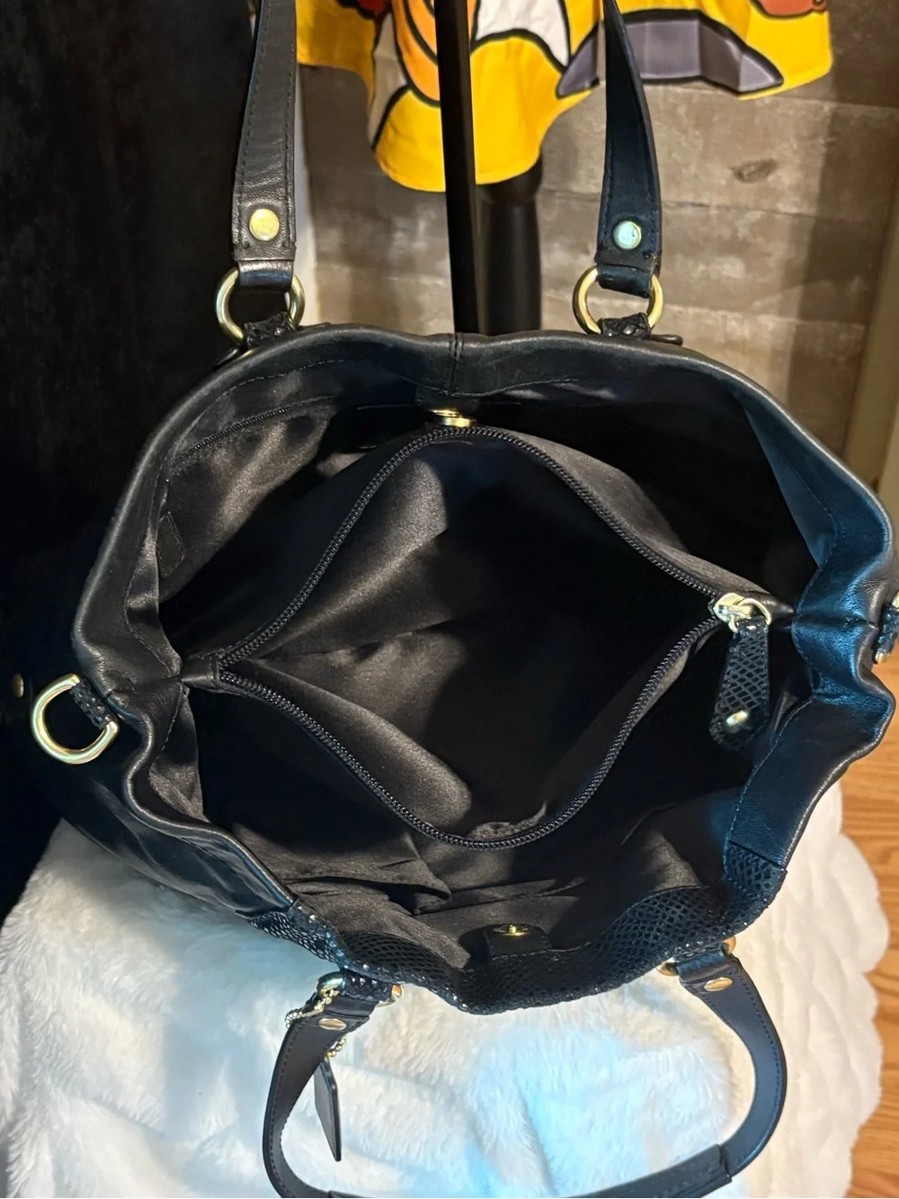 Coach Black Leather Tote with Textured Flap and Gold Accents